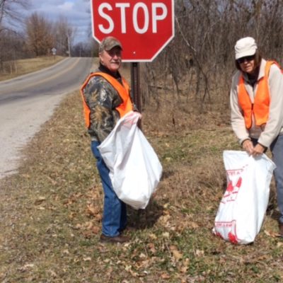 Here is Cheryl Zuelke and Richard Davis picking up trash during our annual local road clean up